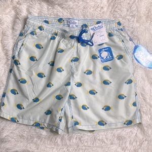 Mr. Swim Blue Yellow Fish Striped 7” Inseam Swim Trunks Size XXL